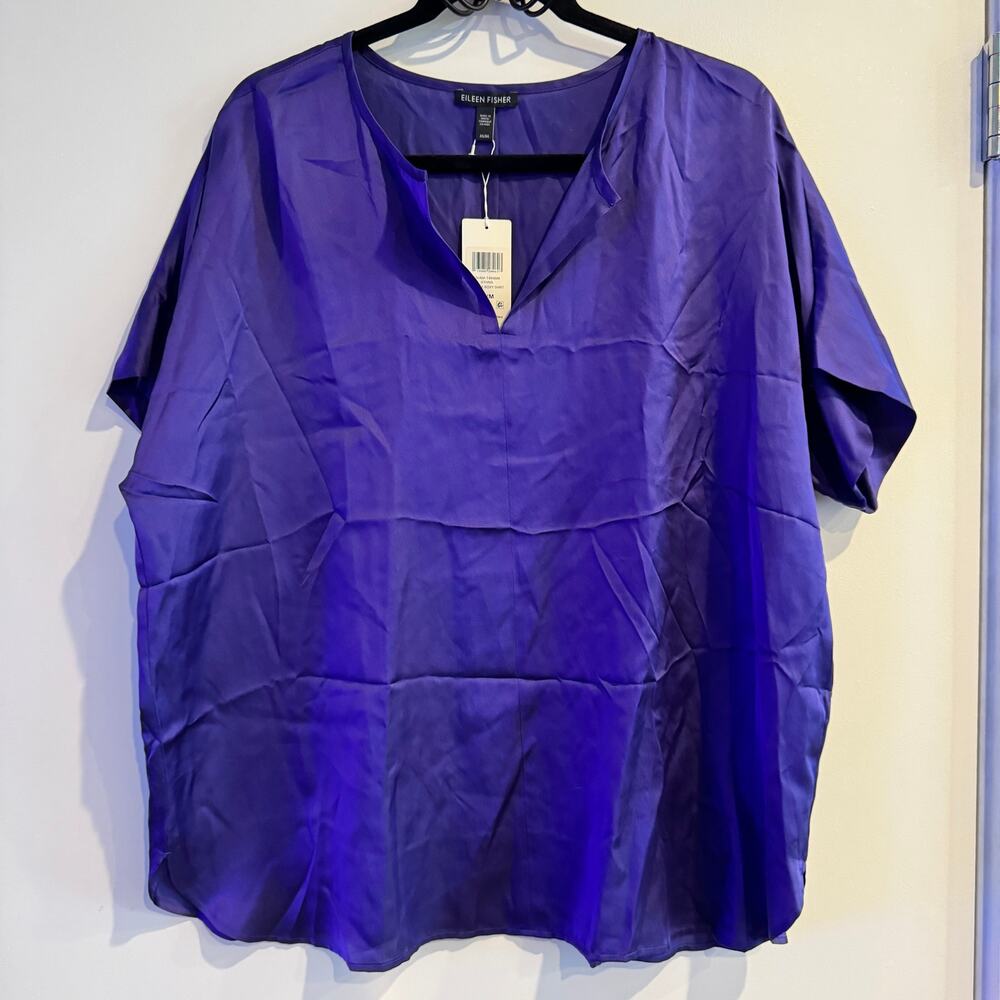 New Eileen Fisher Silk Boxy Shirt Top Purple Tunic Pull Over Short Sleeve Sz M